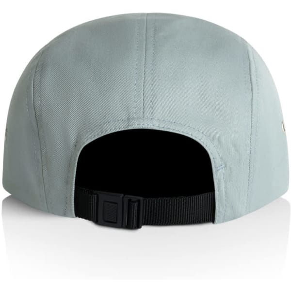 A light blue five panel cap with a black adjustable strap and a logo on the side.