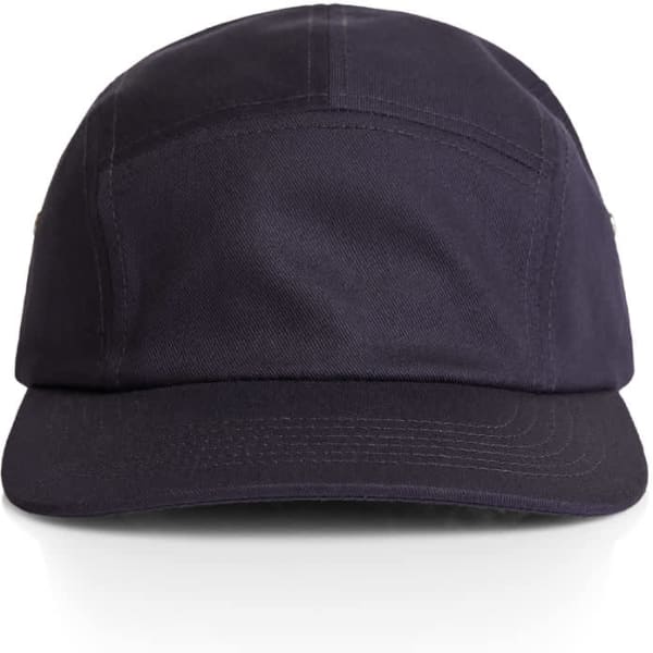A navy five-panel cap featuring a structured design and a small logo. Ideal headwear for casual outings.