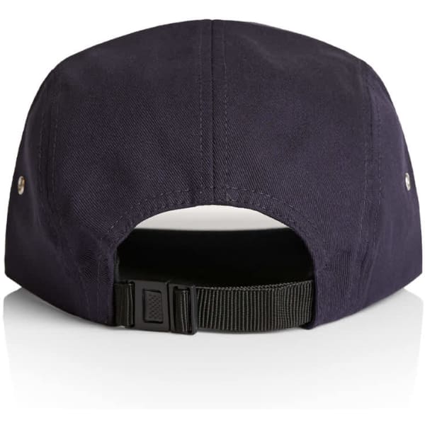 A navy five panel cap with a rear adjustable strap and a logo on the back. 