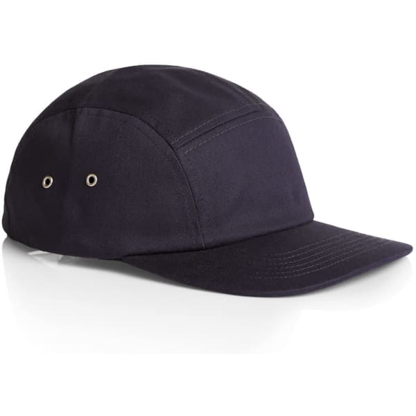 A navy five-panel cap featuring ventilation eyelets and a curved peak, designed for casual wear.