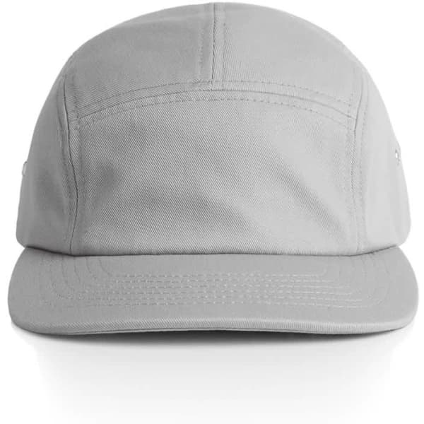 A grey five-panel cap with a flat brim and a logo on the side. Suitable for casual headwear.