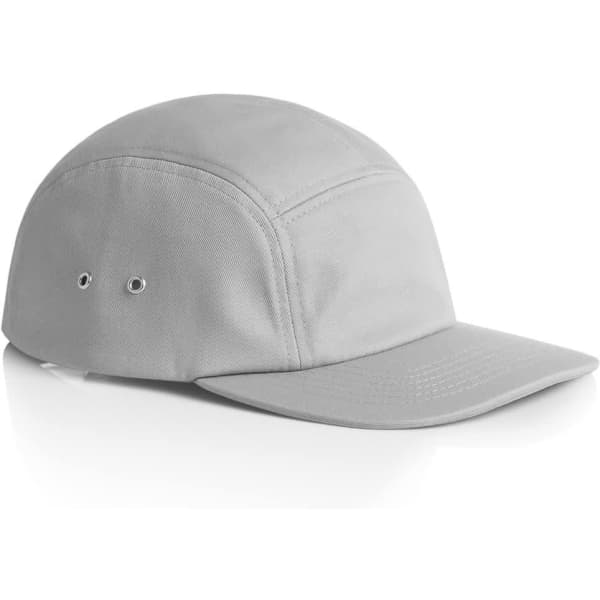 A grey five-panel cap with ventilation holes and a curved brim, featuring a logo.
