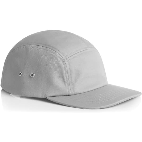 A grey five-panel cap with a rounded top and a stiff visor, featuring ventilation eyelets and a logo.