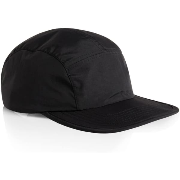 A black Finn Nylon Cap featuring a structured design and a curved brim. Includes a branding logo.