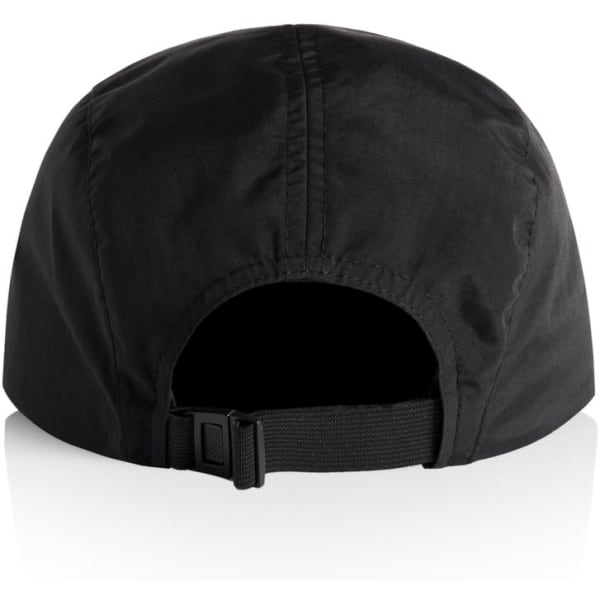 A black nylon cap featuring a simple design and adjustable strap in the back. It has a branding logo.