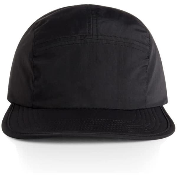 A black nylon cap with a structured front and a curved brim, featuring a logo on the side.