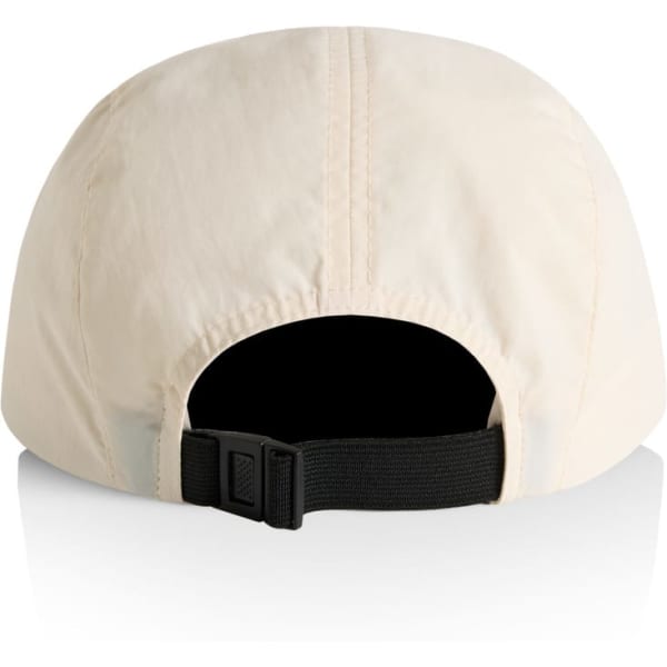 A cream-coloured nylon cap featuring a black adjustable strap and a logo on the back.