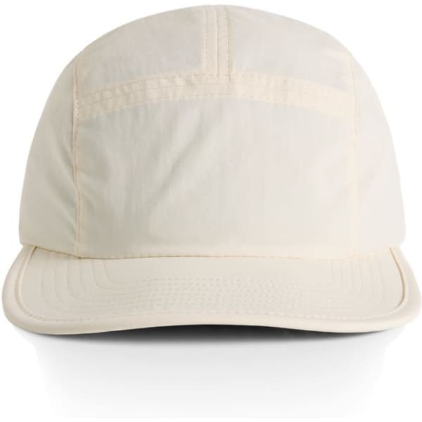 A cream-coloured nylon cap with a curved brim and a logo on the front, designed for casual wear.