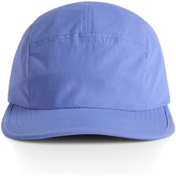 A blue nylon cap with a curved brim and a logo on the front. The cap has a simple and sleek design.