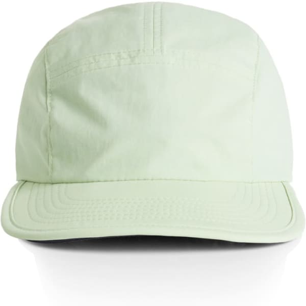A light green nylon cap featuring a structured front and a curved brim, with a logo on the side.