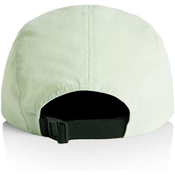 A light green nylon cap with a black adjustable strap at the back and a logo on the side.