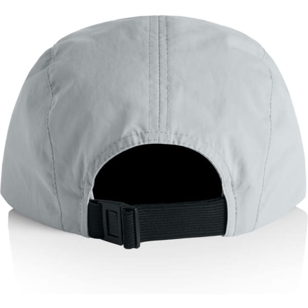 A light grey nylon cap with a black adjustable strap, featuring a logo on the back.