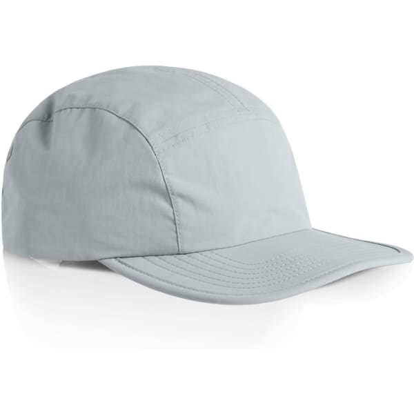 A light grey nylon cap with a curved brim and a logo on the side.