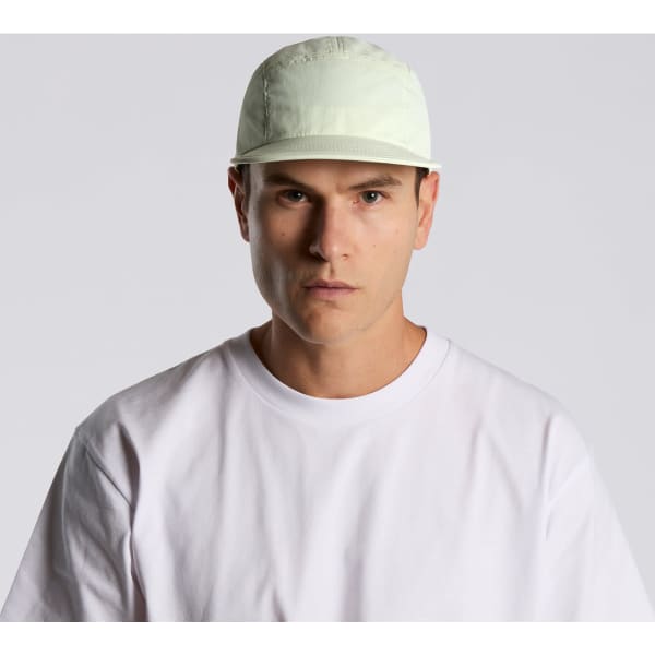 A light green nylon cap features a structured design and has a logo on the front.