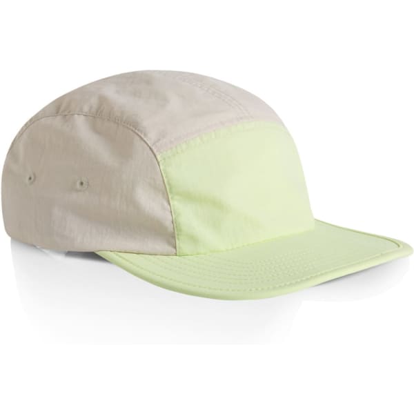 A two-tone nylon cap featuring light green and beige colours, with a curved brim and a logo on the side.