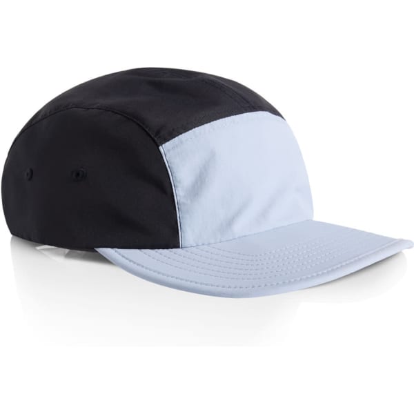 A two-tone nylon cap featuring a black and light blue design, with a curved brim and a logo.