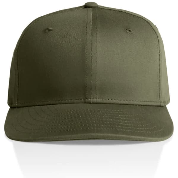 An olive green cap with a flat brim and six-panel design, featuring a logo on the front.