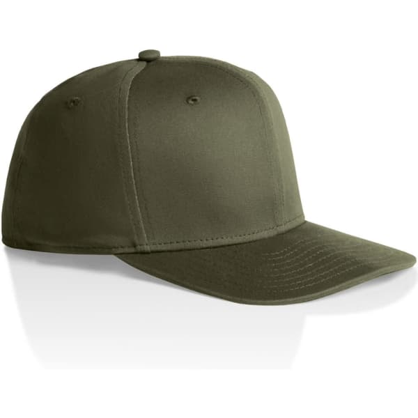 An olive green Stock Flex Cap with a structured front and curved brim. It features a logo on the side.