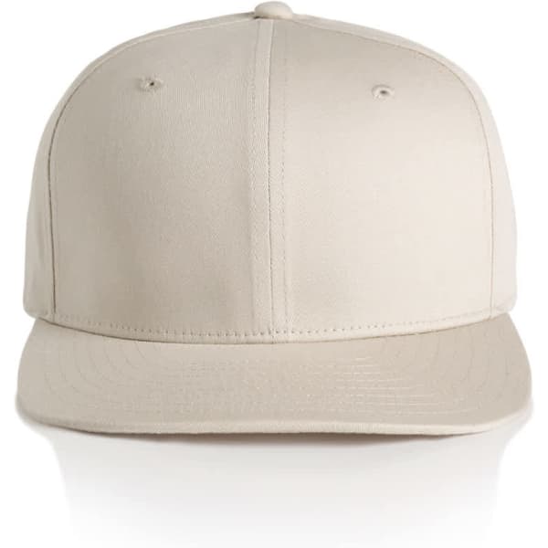 A beige cap with a flat brim and a logo on the front.