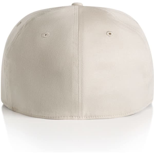 A beige cap featuring a smooth finish and a logo on the back.