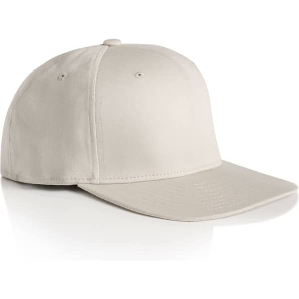 A beige flex cap with a curved peak, featuring a logo on the front. The cap has a smooth, clean design.