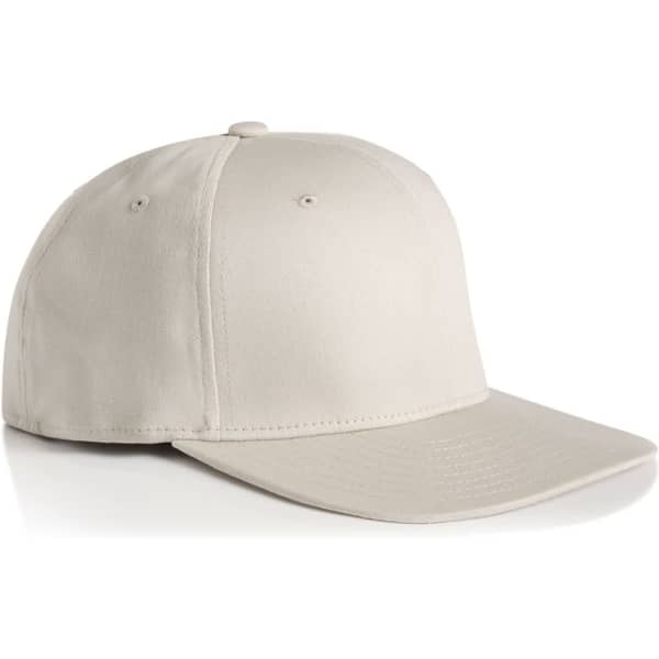 A beige flex cap with a rounded crown and a slightly curved brim. Features a logo on the side.
