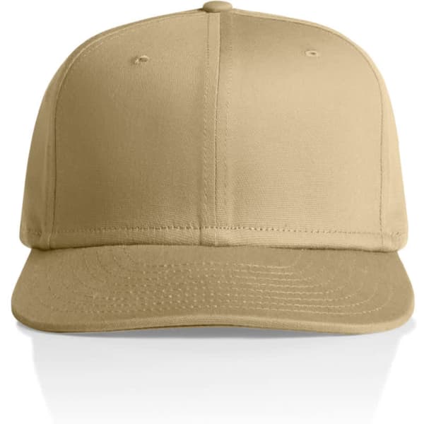 A tan flex cap with a structured front, featuring ventilation holes and a flat brim, along with a logo on the front.