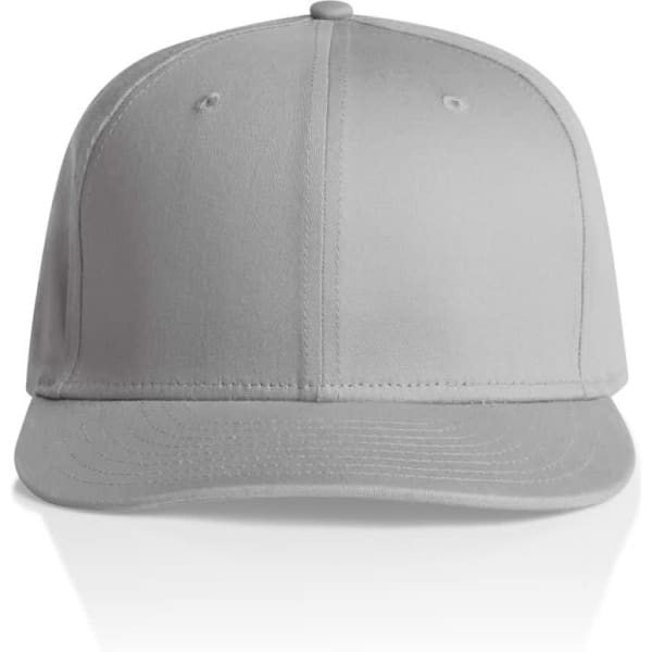 A grey cap with a structured design and a logo on the front.