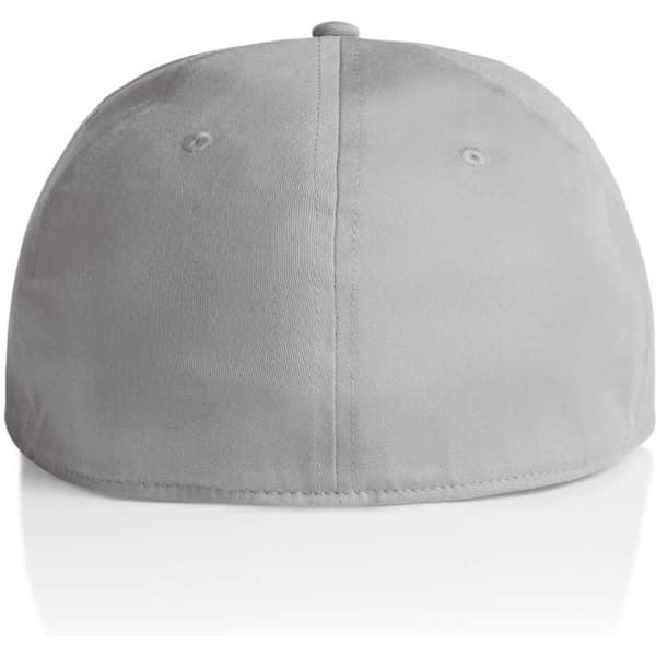A grey cap with a rounded shape and a logo on the back.