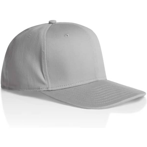 A grey stock flex cap with a rounded crown and a smooth brim, featuring a logo on the front.