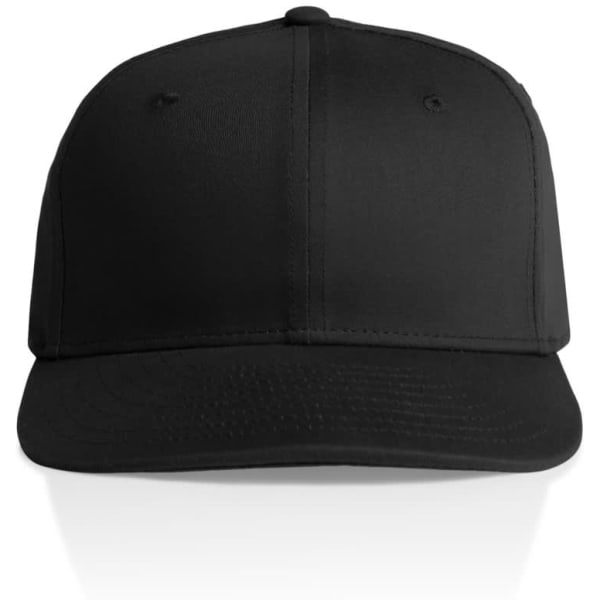 A black cap with a structured fit and a flat brim, featuring a logo on the front.
