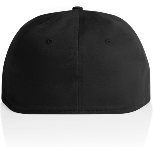 A black cap featuring a solid design and a logo on the front. The back has a smooth finish.