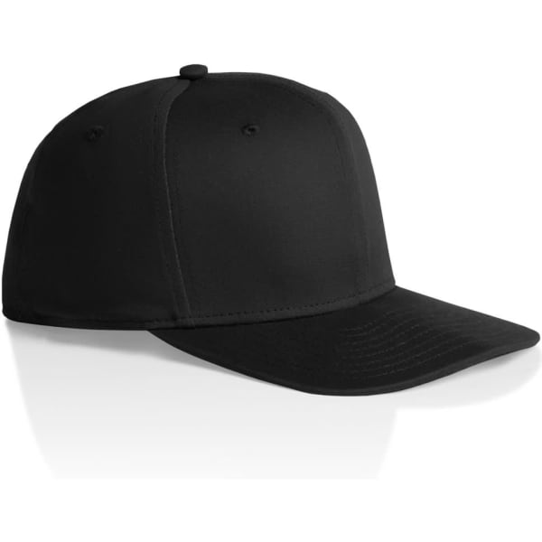 A black cap with a flat brim and a fitted design, featuring an exterior logo or branding.