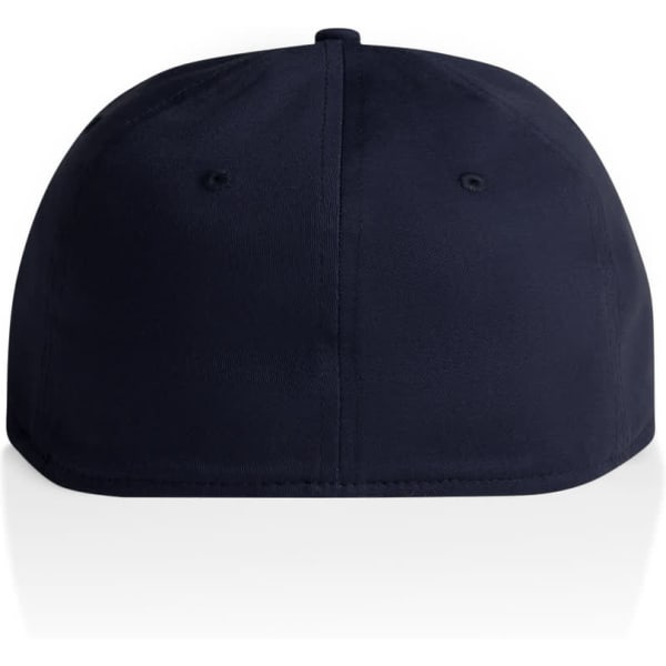 A navy cap featuring a rounded design and a back view, with a small logo present.