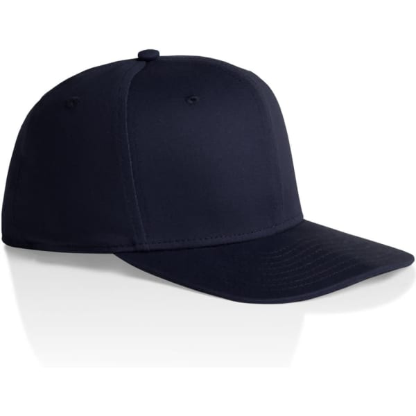 A navy cap with a structured design, featuring a curved peak and a branded logo.