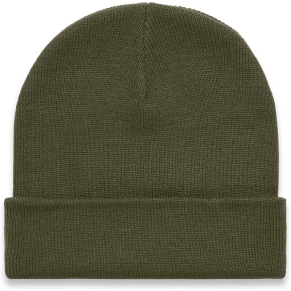 An olive green cuff beanie with a ribbed texture, featuring a folded brim. It includes a logo on the side.