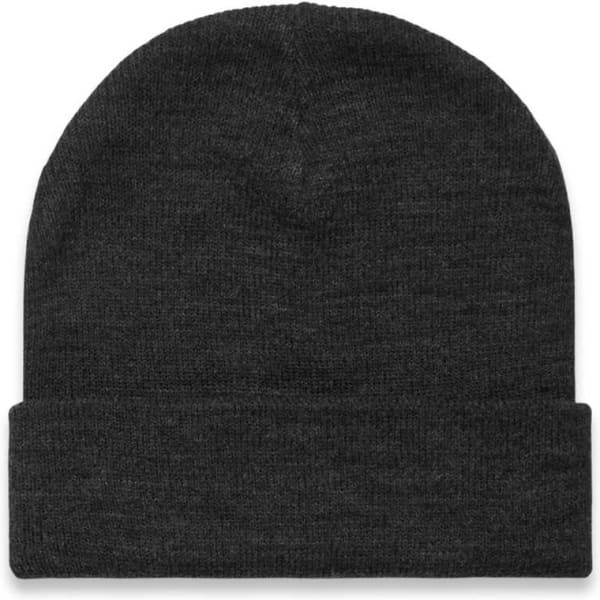A Cuff Beanie in dark grey, featuring a folded edge and a simple design. It has a logo on it.