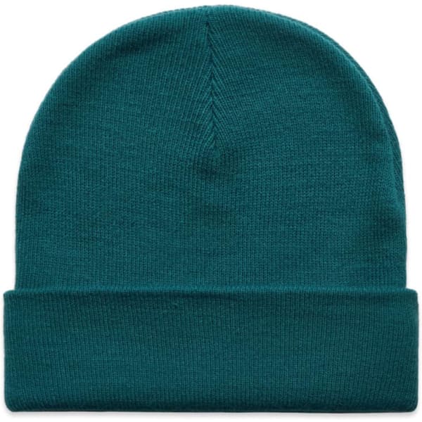 A teal cuff beanie with a folded brim. The beanie has a smooth texture and features a logo.
