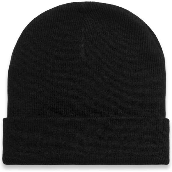 A black Cuff Beanie with a folded brim, featuring a logo on the front.