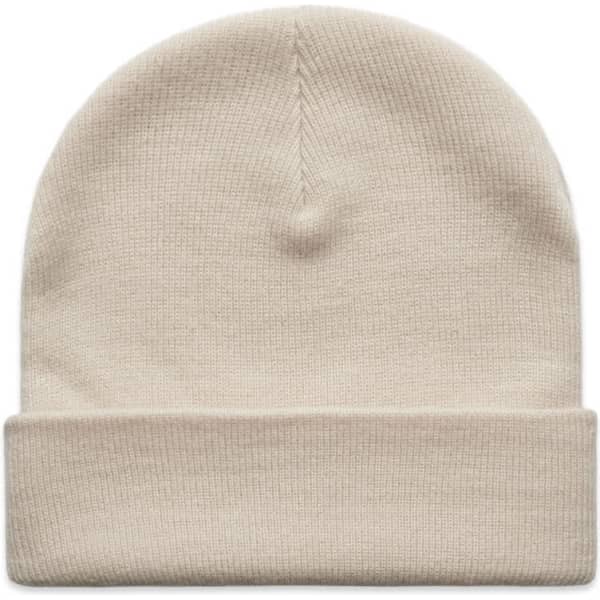 A cream-coloured cuff beanie with a simple, rolled cuff design and a logo.