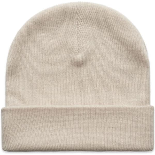 A beige cuff beanie with a folded brim and a seamless design. It features a branding logo.