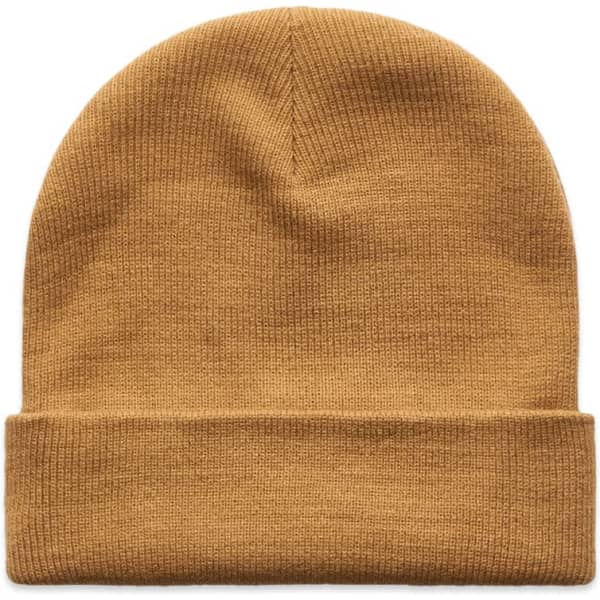 A mustard yellow cuff beanie with a folded brim, featuring a logo on the side.