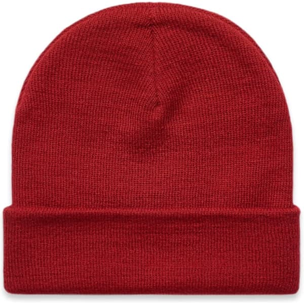 A red cuff beanie with a folded brim and a smooth texture. It features a branding logo.