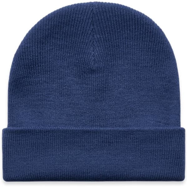 A navy blue cuff beanie featuring a ribbed texture and a folded brim. It includes a logo.