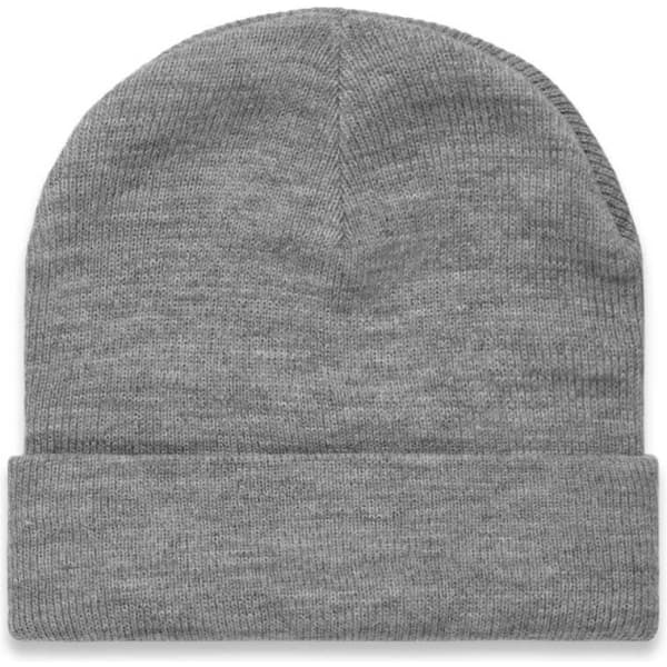 A grey cuff beanie with a folded brim, featuring a logo on the side. Suitable for headwear.