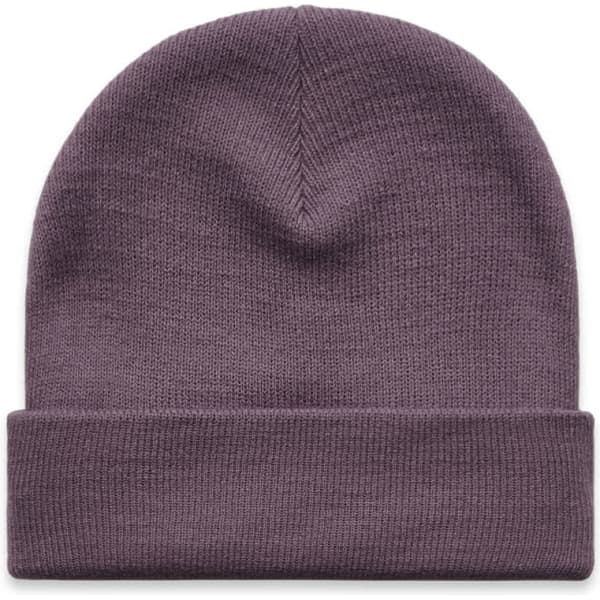 A purple cuff beanie featuring a snug fit and a rolled brim. It has a simple design with no visible logos.