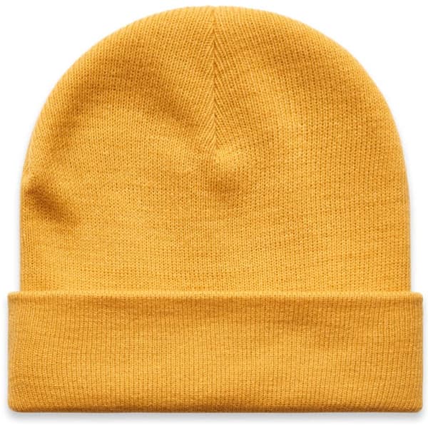 A yellow cuff beanie made of knitted fabric, featuring a folded brim and a logo.