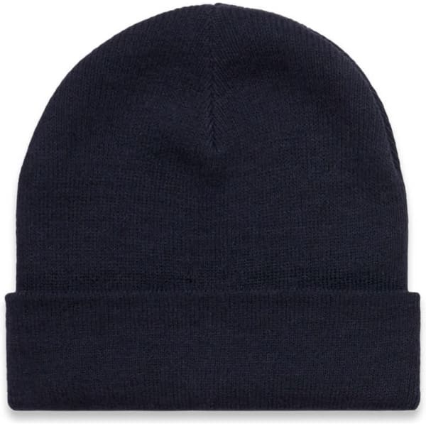 A dark navy cuff beanie with a simple design and a rolled hem. The beanie has a logo on it.