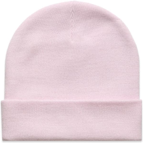 A light pink cuff beanie with a folded brim and a subtle logo.