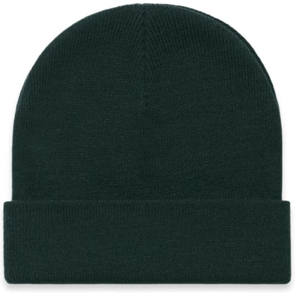 A dark green cuff beanie with a simple, textured design and a folded hem. It features a logo.